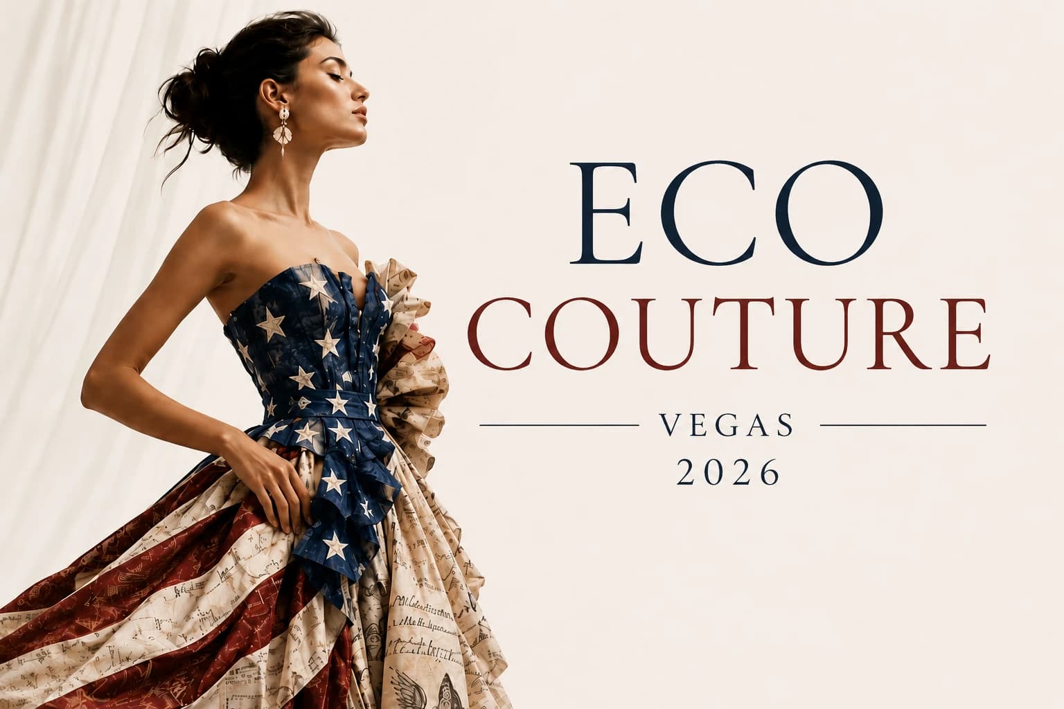 Model in a stars-and-stripes couture gown for Eco Couture Vegas 2026